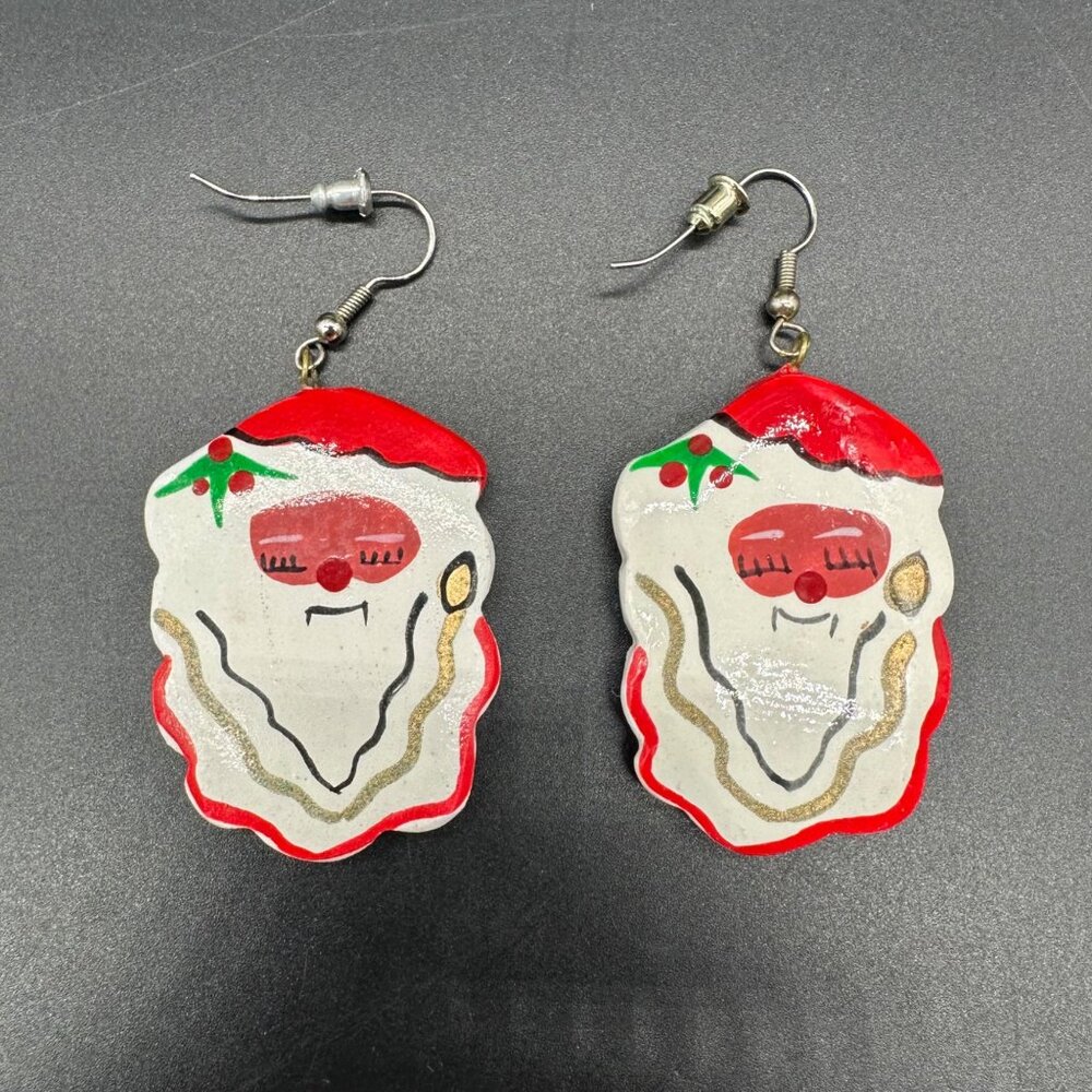 Santa Claus Dangle Earrings Christmas Hand Painted Wooden Kitschy Handmade Red - Picture 4 of 6